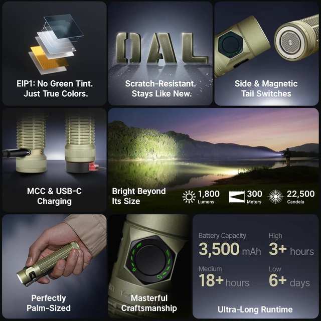 Alt view image 2 of 7 - BatonUltra EDC Flashlight Rechargeable, Bright Pocket Flash Light | 1800 Lumens, Small LED Light, Magnetic Tail Switch, Dual Charging, IPX8 Waterproof for Home, Camping, Outdoor, Olive Green