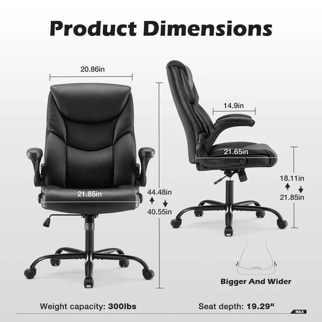 Alt view image 2 of 7 - Leather Office Chair, Desk Chair Lumbar Support, Black | Adjustable Flip-up Armrest, Swivel Task, Strong Metal Base, Executive Computer, Ergonomic, Comfortable Modern