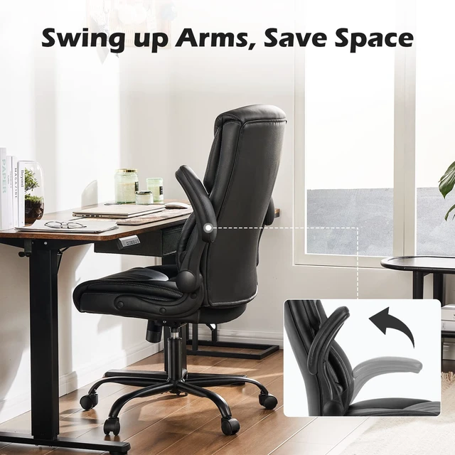 Alt view image 4 of 7 - Leather Office Chair, Desk Chair Lumbar Support, Black | Adjustable Flip-up Armrest, Swivel Task, Strong Metal Base, Executive Computer, Ergonomic, Comfortable Modern