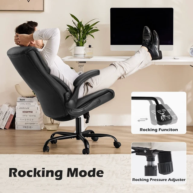 Alt view image 5 of 7 - Leather Office Chair, Desk Chair Lumbar Support, Black | Adjustable Flip-up Armrest, Swivel Task, Strong Metal Base, Executive Computer, Ergonomic, Comfortable Modern