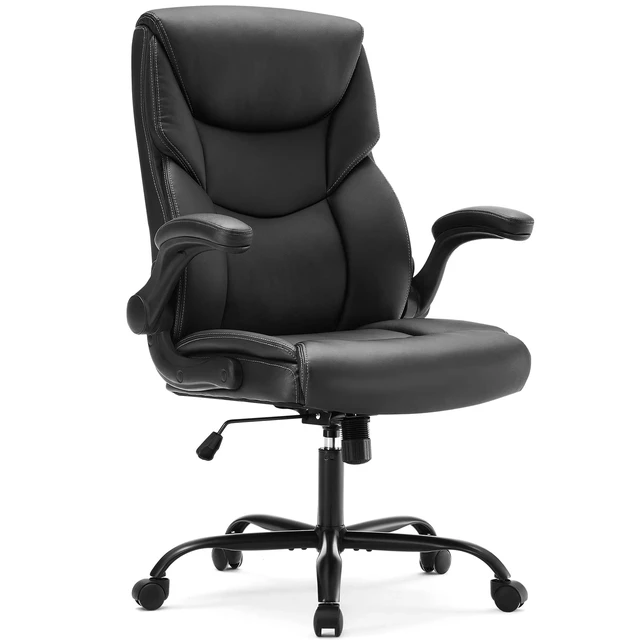 Alt view image 6 of 7 - Leather Office Chair, Desk Chair Lumbar Support, Black | Adjustable Flip-up Armrest, Swivel Task, Strong Metal Base, Executive Computer, Ergonomic, Comfortable Modern