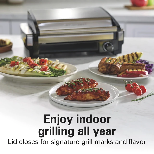 Alt view image 3 of 7 - Electric Indoor Searing Grill with Adjustable Temperature Control to 450F, 118 sq. in. Surface Serves 6, PFAS-Free Removable Nonstick Grate, Stainless Steel (25360)