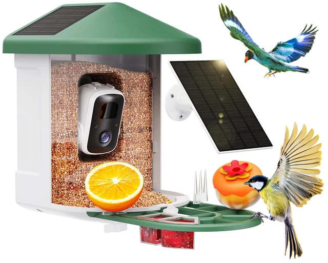 Main image of Smart Bird Feeder with Camera - AI Identify Birds Species, Solar Powered Bird House with Cam, 2L Large Capacity, 2K HD Video Live Stream, Instant Arrival Alerts - Green