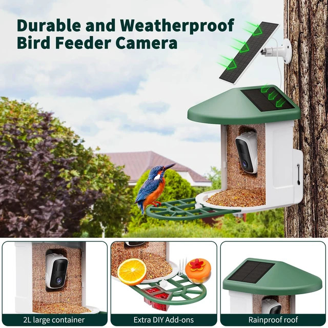 Alt view image 3 of 7 - Smart Bird Feeder with Camera - AI Identify Birds Species, Solar Powered Bird House with Cam, 2L Large Capacity, 2K HD Video Live Stream, Instant Arrival Alerts - Green