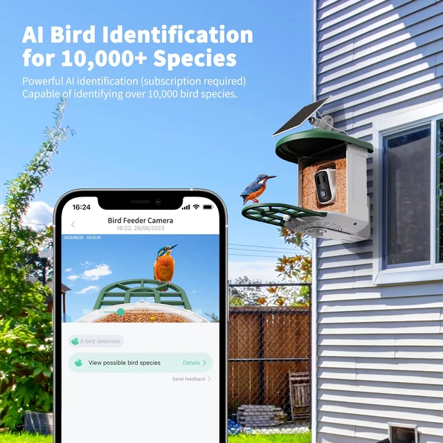 Alt view image 2 of 7 - Smart Bird Feeder with Camera - AI Identify Birds Species, Solar Powered Bird House with Cam, 2L Large Capacity, 2K HD Video Live Stream, Instant Arrival Alerts - Green