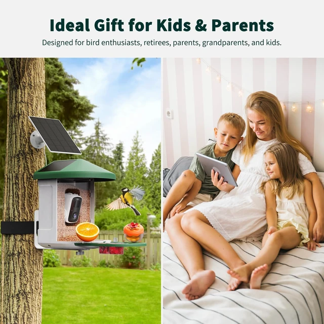 Alt view image 5 of 7 - Smart Bird Feeder with Camera - AI Identify Birds Species, Solar Powered Bird House with Cam, 2L Large Capacity, 2K HD Video Live Stream, Instant Arrival Alerts - Green