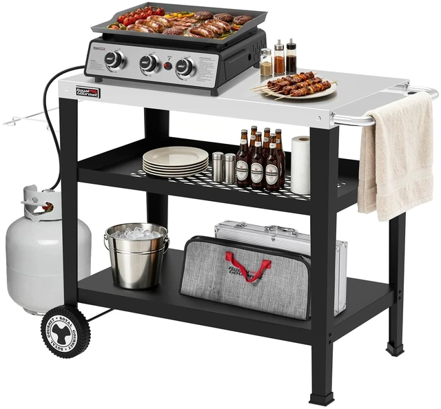 Main image of PC3404S Outdoor Grill Table, 3-Shelf Grill Cart with Wheels | 34 x 20in Pizza Oven Table, Stainless Steel Tabletop, Black, Trash Bag Holder, 176 lbs Capacity, for Griddles & Patio BBQ