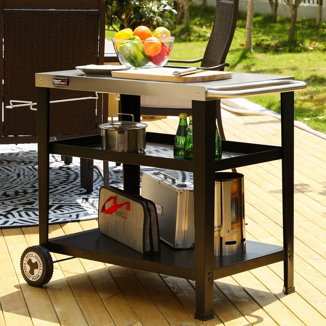 Alt view image 2 of 7 - PC3404S Outdoor Grill Table, 3-Shelf Grill Cart with Wheels | 34 x 20in Pizza Oven Table, Stainless Steel Tabletop, Black, Trash Bag Holder, 176 lbs Capacity, for Griddles & Patio BBQ