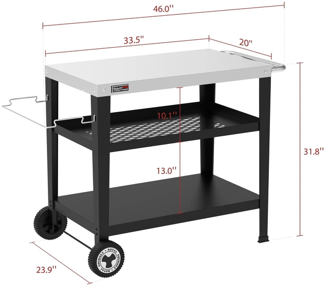 Alt view image 3 of 7 - PC3404S Outdoor Grill Table, 3-Shelf Grill Cart with Wheels | 34 x 20in Pizza Oven Table, Stainless Steel Tabletop, Black, Trash Bag Holder, 176 lbs Capacity, for Griddles & Patio BBQ