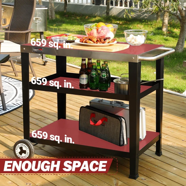 Alt view image 4 of 7 - PC3404S Outdoor Grill Table, 3-Shelf Grill Cart with Wheels | 34 x 20in Pizza Oven Table, Stainless Steel Tabletop, Black, Trash Bag Holder, 176 lbs Capacity, for Griddles & Patio BBQ