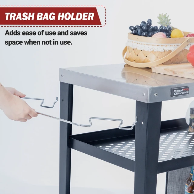Alt view image 5 of 7 - PC3404S Outdoor Grill Table, 3-Shelf Grill Cart with Wheels | 34 x 20in Pizza Oven Table, Stainless Steel Tabletop, Black, Trash Bag Holder, 176 lbs Capacity, for Griddles & Patio BBQ