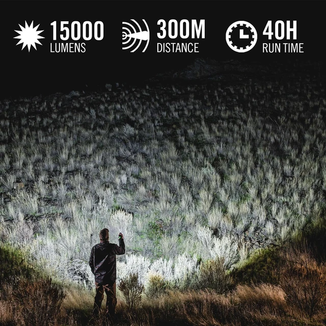 Alt view image 2 of 7 - XP80R 15000 Lumen Rechargeable LED Flashlight with POWERiQ Real-TIME Display, 5 Light Modes, Ultra View Flood Beam, Push/Pull Focus, 12.2" Long, 2.18 lbs.