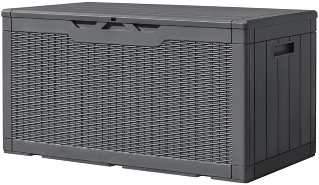 Main image of 100 Gallon Resin Deck Box Large Outdoor Storage, Imitation Rattan Weave Texture for Patio Furniture, Garden Tools, Pool Supplies, Weatherproof and UV Resistant, Lockable, Gray