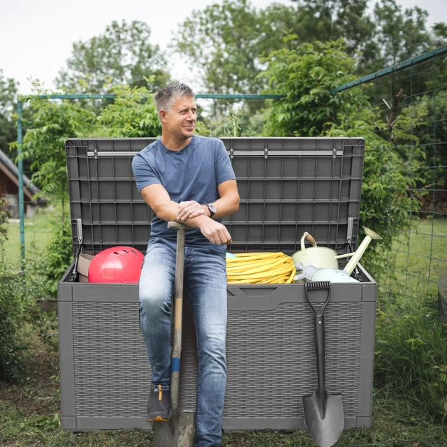 Alt view image 2 of 7 - 100 Gallon Resin Deck Box Large Outdoor Storage, Imitation Rattan Weave Texture for Patio Furniture, Garden Tools, Pool Supplies, Weatherproof and UV Resistant, Lockable, Gray