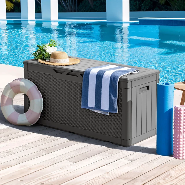 Alt view image 3 of 7 - 100 Gallon Resin Deck Box Large Outdoor Storage, Imitation Rattan Weave Texture for Patio Furniture, Garden Tools, Pool Supplies, Weatherproof and UV Resistant, Lockable, Gray