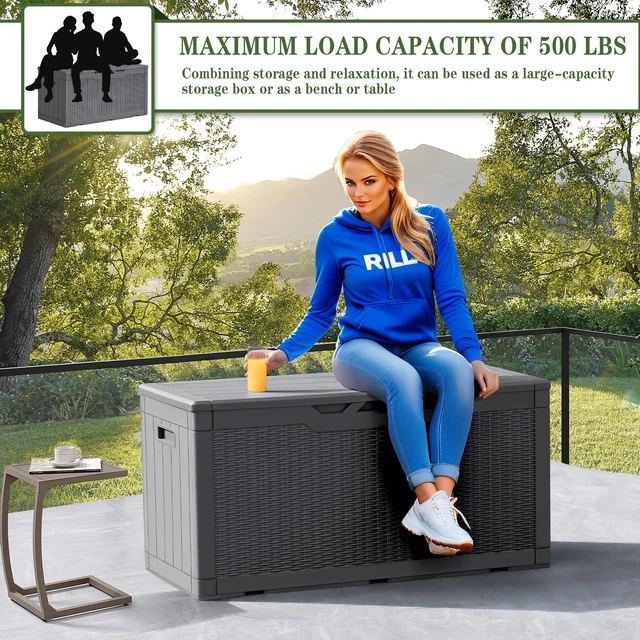Alt view image 4 of 7 - 100 Gallon Resin Deck Box Large Outdoor Storage, Imitation Rattan Weave Texture for Patio Furniture, Garden Tools, Pool Supplies, Weatherproof and UV Resistant, Lockable, Gray