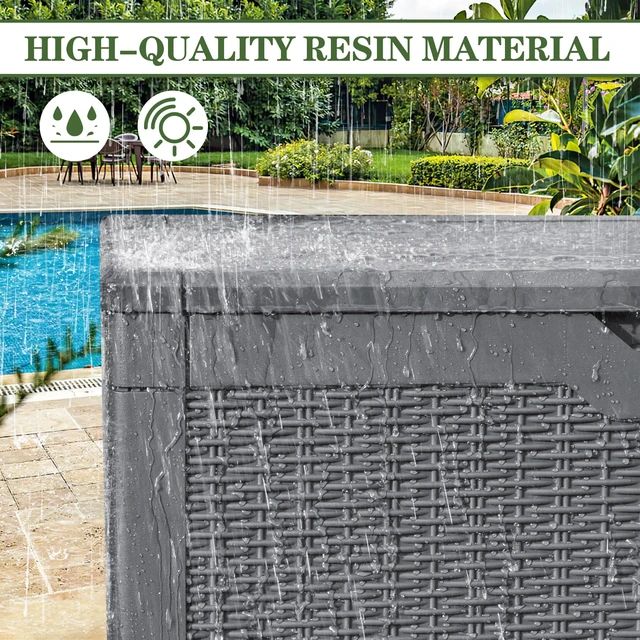 Alt view image 5 of 7 - 100 Gallon Resin Deck Box Large Outdoor Storage, Imitation Rattan Weave Texture for Patio Furniture, Garden Tools, Pool Supplies, Weatherproof and UV Resistant, Lockable, Gray