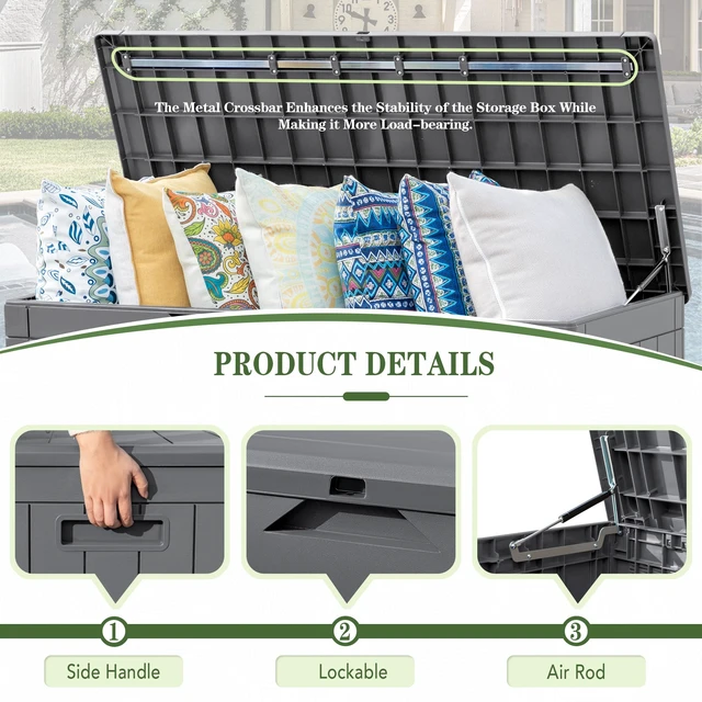 Alt view image 6 of 7 - 100 Gallon Resin Deck Box Large Outdoor Storage, Imitation Rattan Weave Texture for Patio Furniture, Garden Tools, Pool Supplies, Weatherproof and UV Resistant, Lockable, Gray