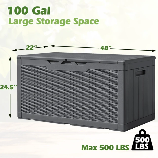 Alt view image 7 of 7 - 100 Gallon Resin Deck Box Large Outdoor Storage, Imitation Rattan Weave Texture for Patio Furniture, Garden Tools, Pool Supplies, Weatherproof and UV Resistant, Lockable, Gray