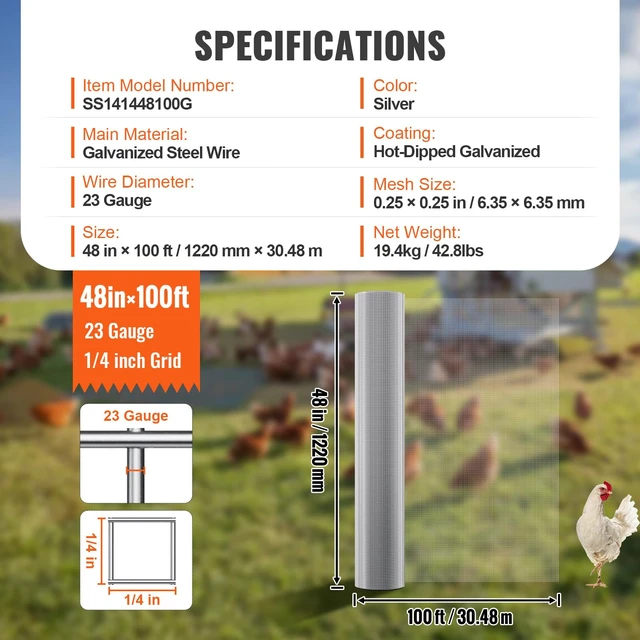 Alt view image 7 of 7 - Hardware Cloth, 1/4 inch 48in x 100 ft 23 Gauge, Hot Dipped Galvanized Wire Mesh Roll, Chicken Wire Fencing, Wire Mesh for Rabbit Cages, Garden, Small Rodents