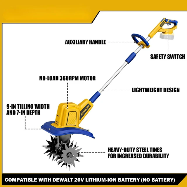 Alt view image 7 of 7 - Cordless Tiller Cultivator Compatible with Dewalt 20V Battery(Tool Only), 360RPM Battery Powered Garden Cultivator, 9In Tilling Width & 7In Depth Tiller for Gardening