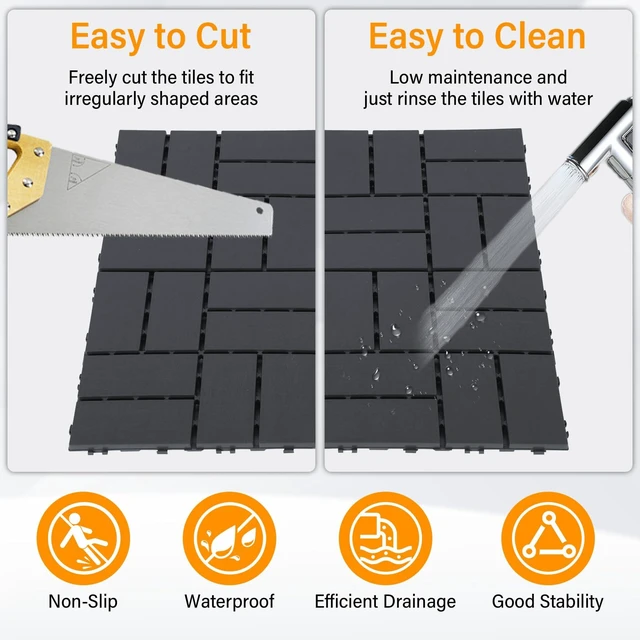 Alt view image 3 of 7 - Decking Tiles 36Pcs, 12" x 12" Plastic Patio Flooring, Dark Grey | 36 sq. ft Interlocking Floor Decking Tile Waterproof Outdoor All-Weather for Garden Porch Poolside Balcony Backyard
