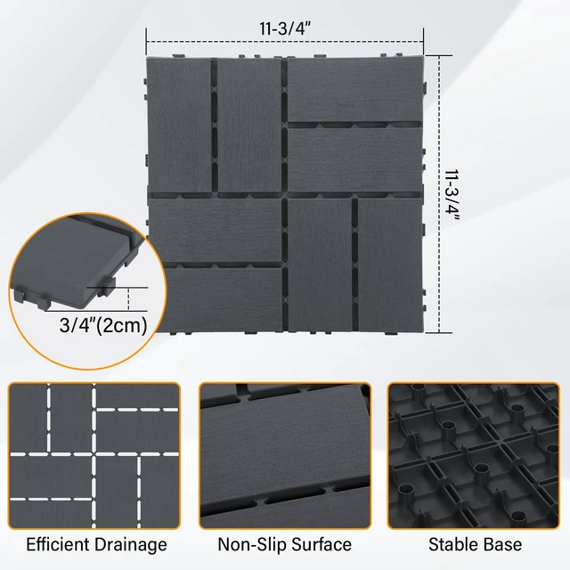 Alt view image 2 of 7 - Decking Tiles 36Pcs, 12" x 12" Plastic Patio Flooring, Dark Grey | 36 sq. ft Interlocking Floor Decking Tile Waterproof Outdoor All-Weather for Garden Porch Poolside Balcony Backyard