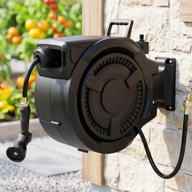 Main image of Retractable Garden Hose Reel, 1/2" x 100FT, Auto Rewind Wall Mount | Any-Length Lock, Automatic Slow Return System, 180° Swivel Bracket, Heavy Duty Hybrid Hose, 10 Spray Patterns, UV Resistant