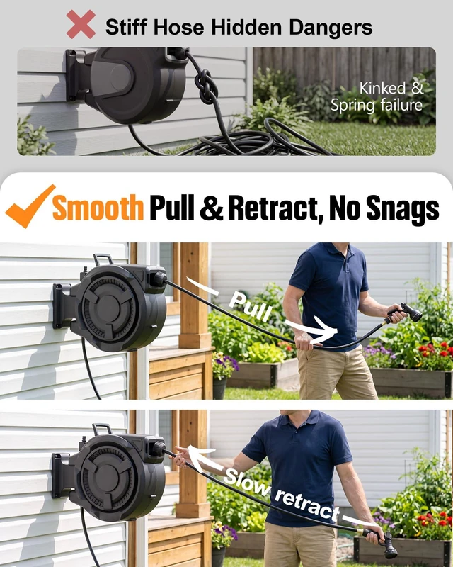 Alt view image 2 of 7 - Retractable Garden Hose Reel, 1/2" x 100FT, Auto Rewind Wall Mount | Any-Length Lock, Automatic Slow Return System, 180° Swivel Bracket, Heavy Duty Hybrid Hose, 10 Spray Patterns, UV Resistant