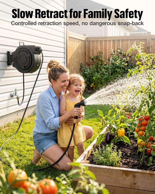 Alt view image 3 of 7 - Retractable Garden Hose Reel, 1/2" x 100FT, Auto Rewind Wall Mount | Any-Length Lock, Automatic Slow Return System, 180° Swivel Bracket, Heavy Duty Hybrid Hose, 10 Spray Patterns, UV Resistant