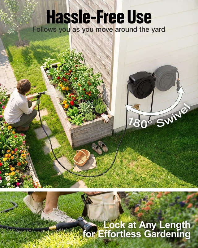 Alt view image 6 of 7 - Retractable Garden Hose Reel, 1/2" x 100FT, Auto Rewind Wall Mount | Any-Length Lock, Automatic Slow Return System, 180° Swivel Bracket, Heavy Duty Hybrid Hose, 10 Spray Patterns, UV Resistant