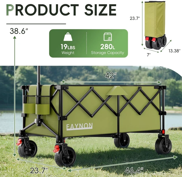 Alt view image 2 of 7 - 46" L Collapsible Foldable Extended Wagon, 500LB Weight Capacity with 280L Heavy Duty Folding Cart,Utility Wagon with All-Terrain Beach Wheel & Drink Holders,Green