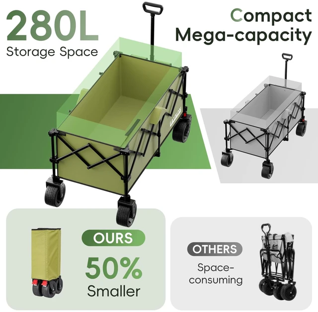 Alt view image 3 of 7 - 46" L Collapsible Foldable Extended Wagon, 500LB Weight Capacity with 280L Heavy Duty Folding Cart,Utility Wagon with All-Terrain Beach Wheel & Drink Holders,Green