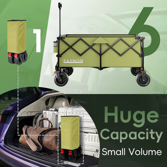 Alt view image 4 of 7 - 46" L Collapsible Foldable Extended Wagon, 500LB Weight Capacity with 280L Heavy Duty Folding Cart,Utility Wagon with All-Terrain Beach Wheel & Drink Holders,Green