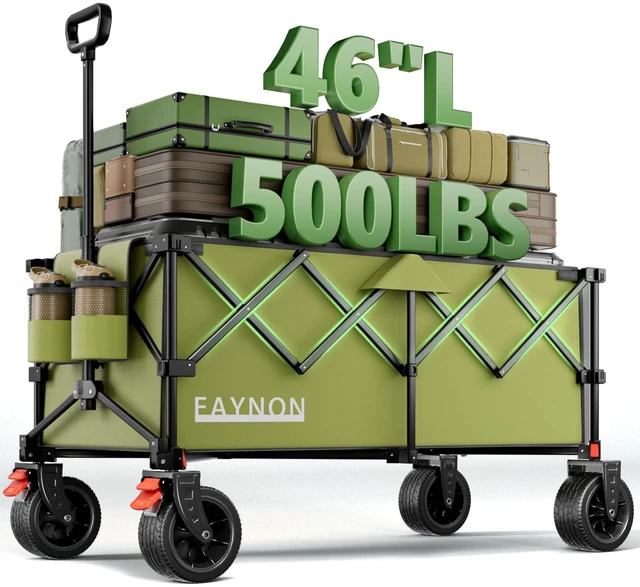 Main image of 46" L Collapsible Foldable Extended Wagon, 500LB Weight Capacity with 280L Heavy Duty Folding Cart,Utility Wagon with All-Terrain Beach Wheel & Drink Holders,Green