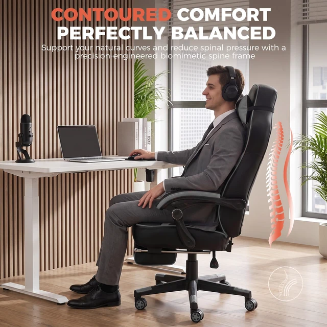 Alt view image 5 of 7 - Executive Office Chair Ergonomic Gaming Chair with Foot Rest | High Back Lumbar Support, Wide Seat, Comfortable Headrest, Adjustable Height, PU Leather, Heavy-Duty for All-Day Sitting