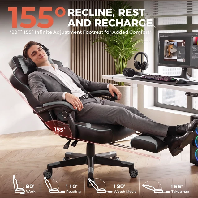 Alt view image 7 of 7 - Executive Office Chair Ergonomic Gaming Chair with Foot Rest | High Back Lumbar Support, Wide Seat, Comfortable Headrest, Adjustable Height, PU Leather, Heavy-Duty for All-Day Sitting