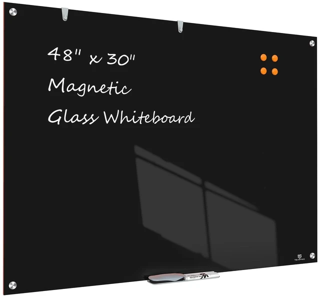 Main image of White Board for Wall - 48" x 30" Black Glass Board 4 X 3 FT | Wall Mounted Magnetic Whiteboard, Frameless Large Dry Erase Board for Office, Home & School Supplies