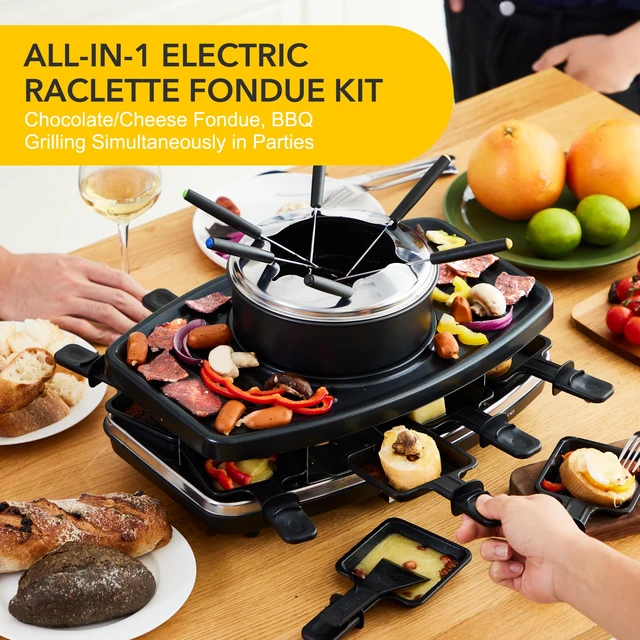 Alt view image 4 of 7 - Electric Raclette Grill With Fondue Pot, 1100W Table Grill for 8 Peopl | 3-In-1 Raclette, Fondue And Grill Design, 1100W Heating, 8 Serving Pans, Adjustable Temperature for Indoor Gatherings