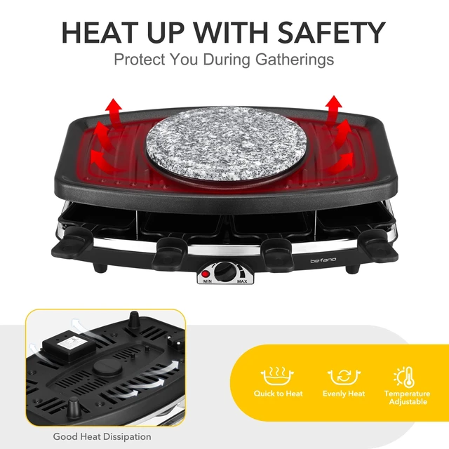 Alt view image 5 of 7 - Electric Raclette Grill With Fondue Pot, 1100W Table Grill for 8 Peopl | 3-In-1 Raclette, Fondue And Grill Design, 1100W Heating, 8 Serving Pans, Adjustable Temperature for Indoor Gatherings