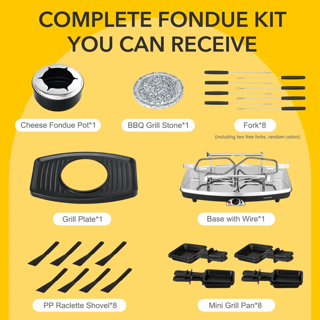 Alt view image 7 of 7 - Electric Raclette Grill With Fondue Pot, 1100W Table Grill for 8 Peopl | 3-In-1 Raclette, Fondue And Grill Design, 1100W Heating, 8 Serving Pans, Adjustable Temperature for Indoor Gatherings