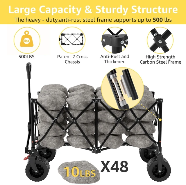 Alt view image 4 of 7 - Collapsible Wagon Cart with Wheels Foldable - Folding Utility Heavy Duty Wagons Carts for Grocery Sports Garden Shopping Camping Wheelbarrows (Black, 260L)