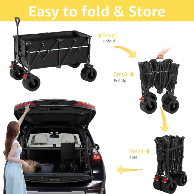 Alt view image 7 of 7 - Collapsible Wagon Cart with Wheels Foldable - Folding Utility Heavy Duty Wagons Carts for Grocery Sports Garden Shopping Camping Wheelbarrows (Black, 260L)