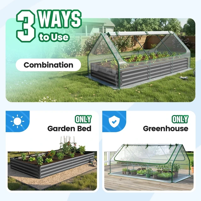 Alt view image 2 of 7 - Raised Garden Bed with Cover Galvanized Planter Box 8x4x1ft | Metal Planter Bottomless Box Kit w/ Mini Greenhouse Outdoor Clear