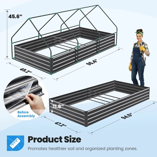 Alt view image 5 of 7 - Raised Garden Bed with Cover Galvanized Planter Box 8x4x1ft | Metal Planter Bottomless Box Kit w/ Mini Greenhouse Outdoor Clear