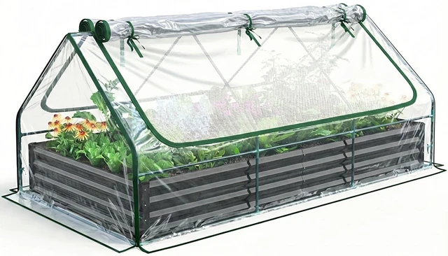Main image of Raised Garden Bed with Cover Galvanized Planter Box 8x4x1ft | Metal Planter Bottomless Box Kit w/ Mini Greenhouse Outdoor Clear