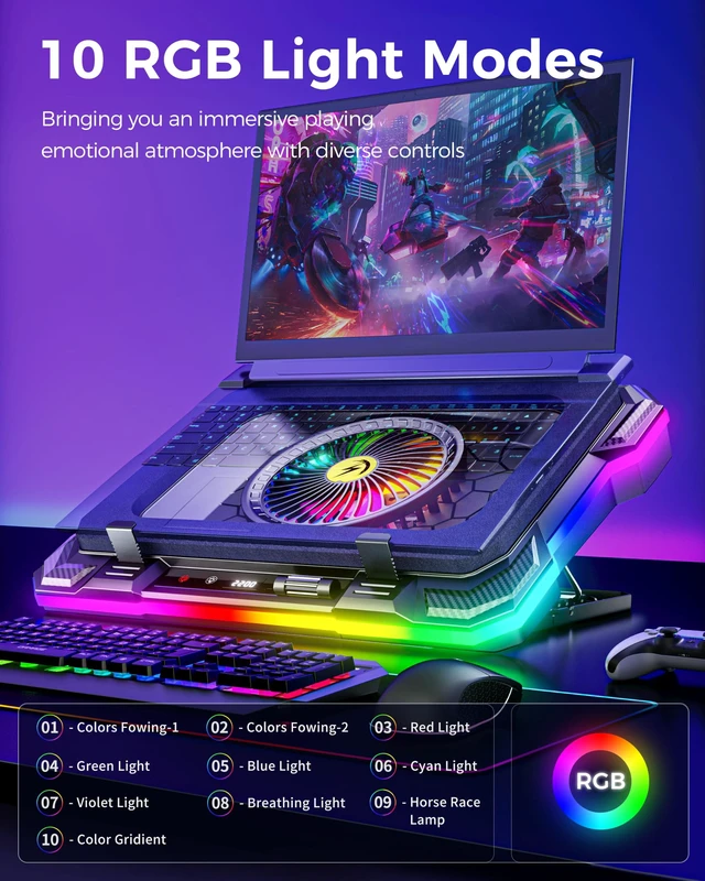 Alt view image 3 of 7 - Laptop Cooling Stand Gaming RGB Cooler for 15-19 inch Heavy Laptop | Gamer PC Computers Partner Fan with Full RGB Lights, 1 Big Powerful Fan Pull Up Stand Heat Dissipation