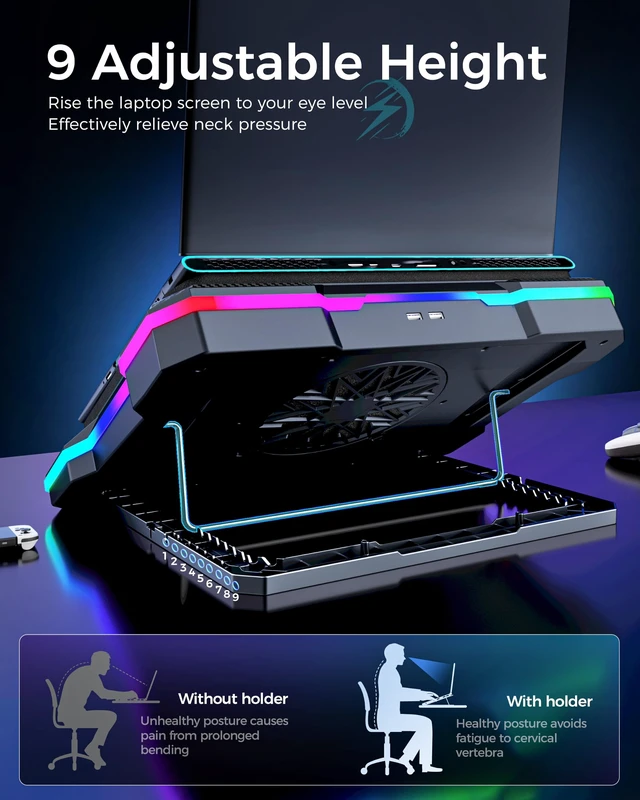 Alt view image 4 of 7 - Laptop Cooling Stand Gaming RGB Cooler for 15-19 inch Heavy Laptop | Gamer PC Computers Partner Fan with Full RGB Lights, 1 Big Powerful Fan Pull Up Stand Heat Dissipation