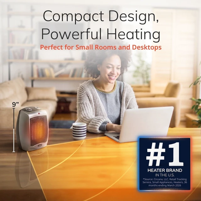 Alt view image 2 of 7 - 9" Tabletop Ceramic Space Heater with Thermostat - Dark Gray - 754201 | 1500W, Tip Switch, 2 Heat Settings, 1 Fan Mode, Portable Heater for Office, Bedroom, Desktop, Indoor Use, Overheat Protection