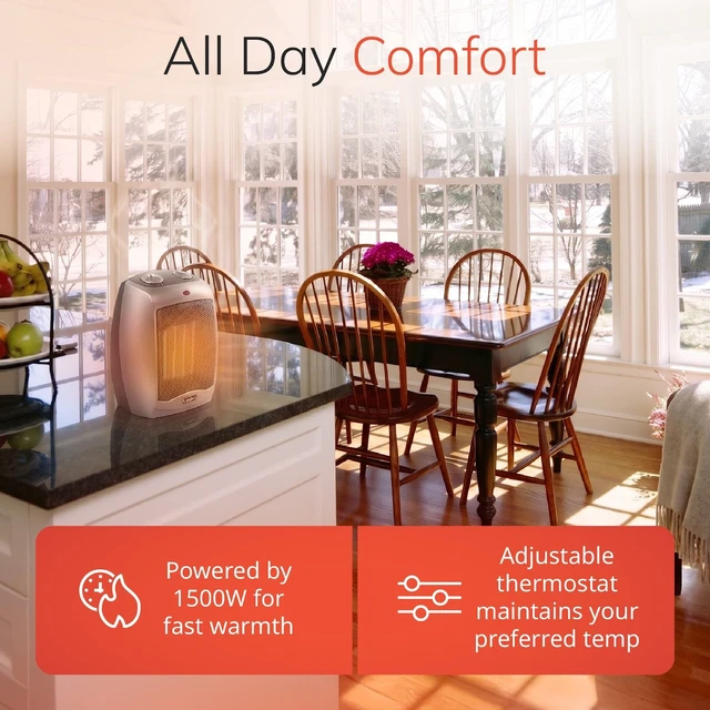Alt view image 4 of 7 - 9" Tabletop Ceramic Space Heater with Thermostat - Dark Gray - 754201 | 1500W, Tip Switch, 2 Heat Settings, 1 Fan Mode, Portable Heater for Office, Bedroom, Desktop, Indoor Use, Overheat Protection